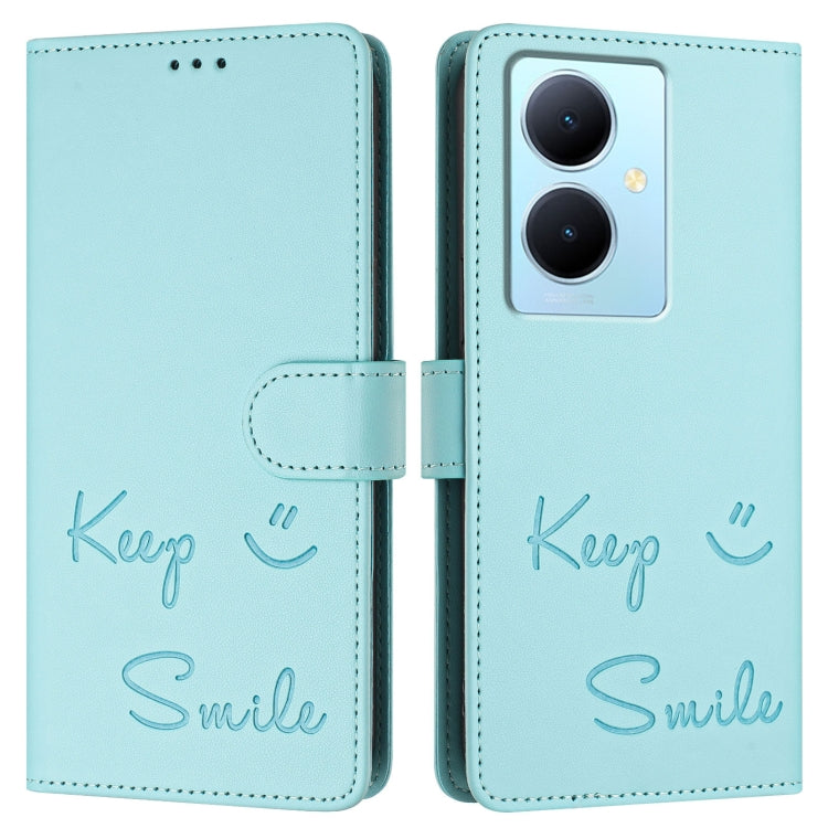 Smile Embossing RFID Leather Phone Case, For vivo Y78+ 5G Global, For vivo Y78 5G Global / V29 Lite, For vivo Y56 5G Global, For vivo Y16 4G Global, For vivo Y02S 4G Global, For vivo Y100 5G Global, For vivo V27 5G Global, For vivo V27 Pro 5G Global