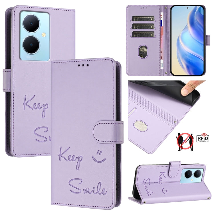 Smile Embossing RFID Leather Phone Case, For vivo Y78+ 5G Global, For vivo Y78 5G Global / V29 Lite, For vivo Y56 5G Global, For vivo Y16 4G Global, For vivo Y02S 4G Global, For vivo Y100 5G Global, For vivo V27 5G Global, For vivo V27 Pro 5G Global