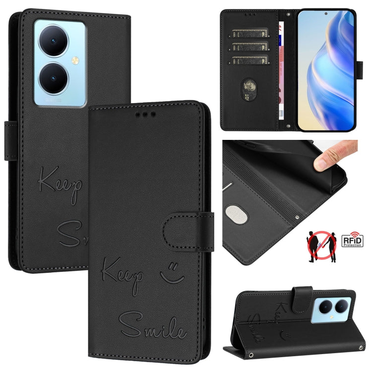 Smile Embossing RFID Leather Phone Case, For vivo Y78+ 5G Global, For vivo Y78 5G Global / V29 Lite, For vivo Y56 5G Global, For vivo Y16 4G Global, For vivo Y02S 4G Global, For vivo Y100 5G Global, For vivo V27 5G Global, For vivo V27 Pro 5G Global
