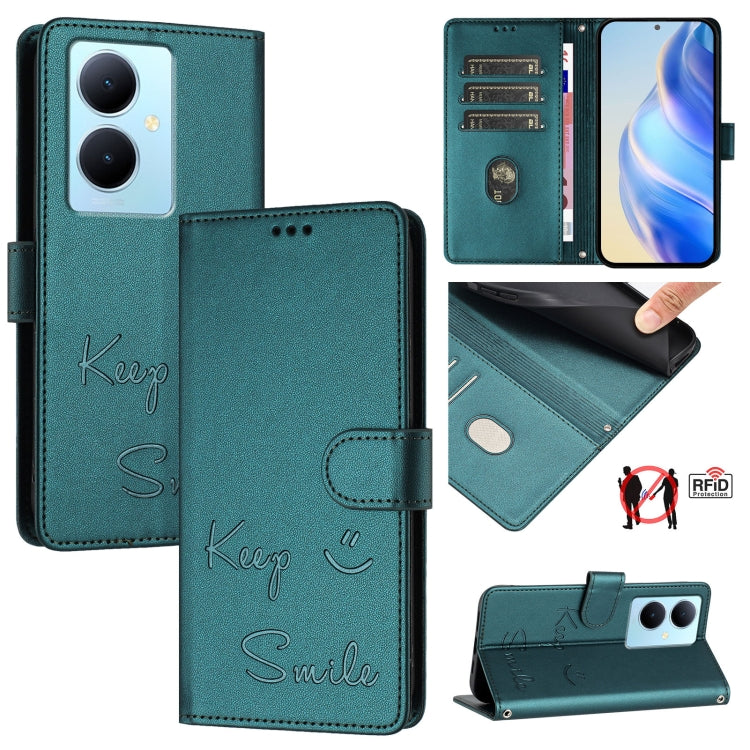 Smile Embossing RFID Leather Phone Case, For vivo Y78+ 5G Global, For vivo Y78 5G Global / V29 Lite, For vivo Y56 5G Global, For vivo Y16 4G Global, For vivo Y02S 4G Global, For vivo Y100 5G Global, For vivo V27 5G Global, For vivo V27 Pro 5G Global