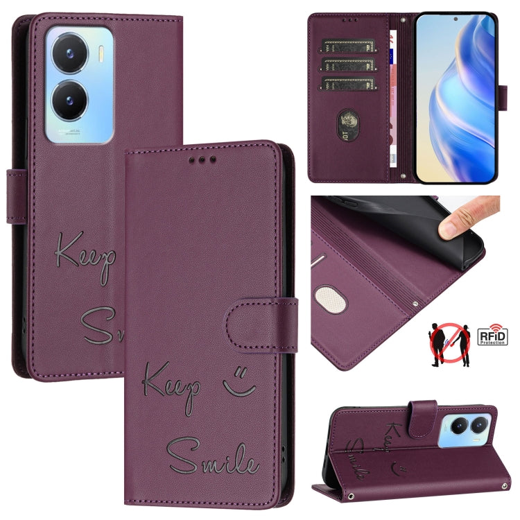 Smile Embossing RFID Leather Phone Case, For vivo Y78+ 5G Global, For vivo Y78 5G Global / V29 Lite, For vivo Y56 5G Global, For vivo Y16 4G Global, For vivo Y02S 4G Global, For vivo Y100 5G Global, For vivo V27 5G Global, For vivo V27 Pro 5G Global