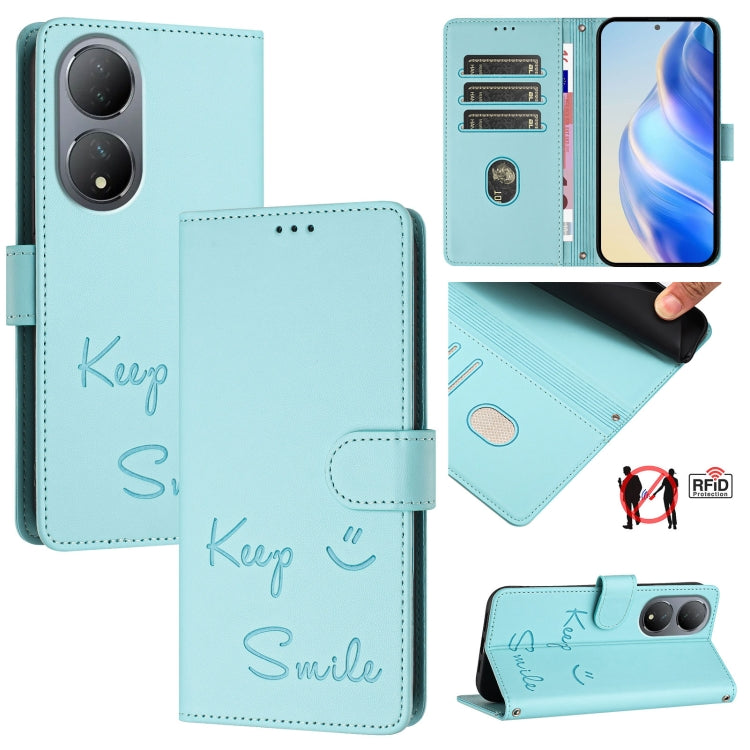 Smile Embossing RFID Leather Phone Case, For vivo Y78+ 5G Global, For vivo Y78 5G Global / V29 Lite, For vivo Y56 5G Global, For vivo Y16 4G Global, For vivo Y02S 4G Global, For vivo Y100 5G Global, For vivo V27 5G Global, For vivo V27 Pro 5G Global
