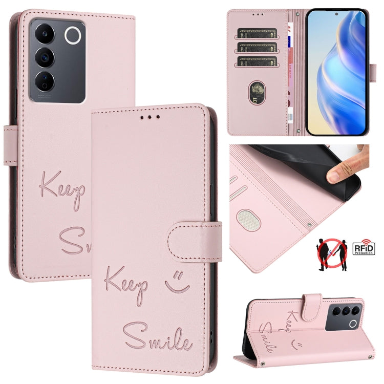 Smile Embossing RFID Leather Phone Case, For vivo Y78+ 5G Global, For vivo Y78 5G Global / V29 Lite, For vivo Y56 5G Global, For vivo Y16 4G Global, For vivo Y02S 4G Global, For vivo Y100 5G Global, For vivo V27 5G Global, For vivo V27 Pro 5G Global