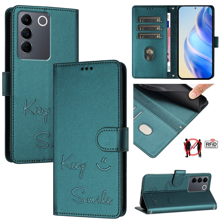 Smile Embossing RFID Leather Phone Case, For vivo Y78+ 5G Global, For vivo Y78 5G Global / V29 Lite, For vivo Y56 5G Global, For vivo Y16 4G Global, For vivo Y02S 4G Global, For vivo Y100 5G Global, For vivo V27 5G Global, For vivo V27 Pro 5G Global