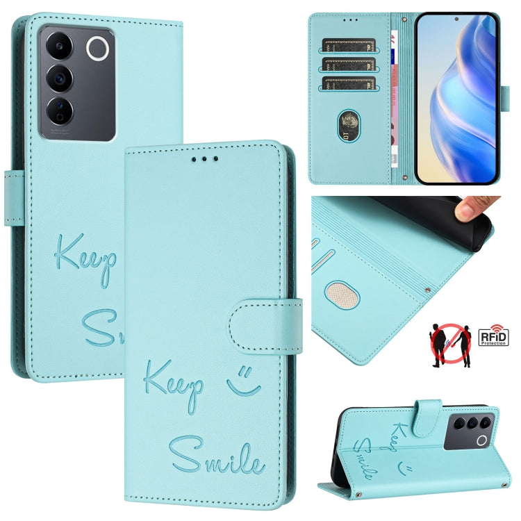 Smile Embossing RFID Leather Phone Case, For vivo V27E 4G Global, For vivo T2 4G Global, For vivo Y72 5G / iQOO Z3 / Y52 5G, For vivo Y22S 4G Global, For vivo Y77 5G Global / Y77E 5G, For vivo Y55S 2023 5G, For vivo Y55 5G Global, For vivo Y75 5G Global