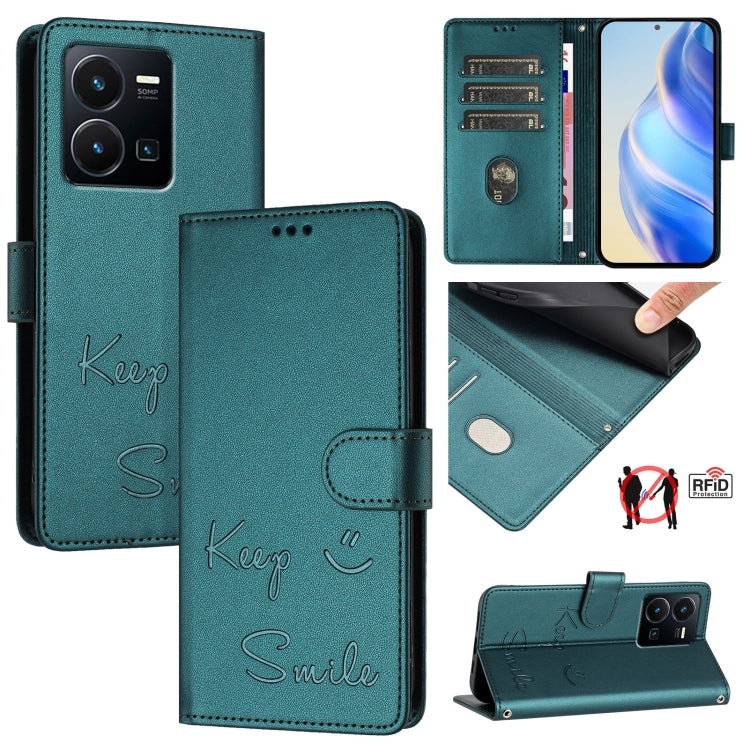 Smile Embossing RFID Leather Phone Case, For vivo V27E 4G Global, For vivo T2 4G Global, For vivo Y72 5G / iQOO Z3 / Y52 5G, For vivo Y22S 4G Global, For vivo Y77 5G Global / Y77E 5G, For vivo Y55S 2023 5G, For vivo Y55 5G Global, For vivo Y75 5G Global