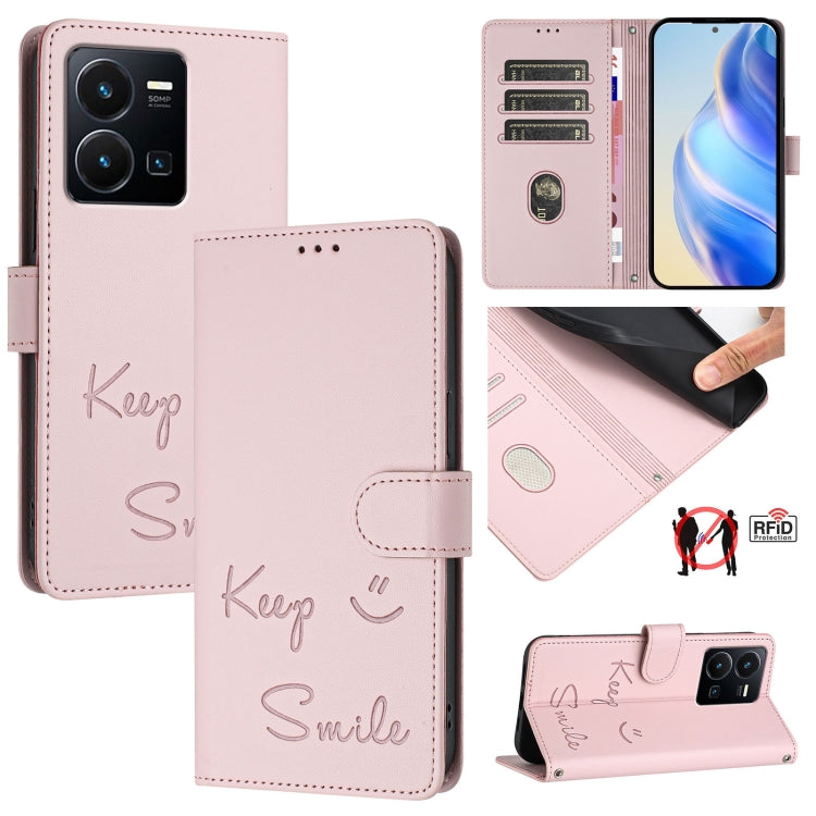 Smile Embossing RFID Leather Phone Case, For vivo V27E 4G Global, For vivo T2 4G Global, For vivo Y72 5G / iQOO Z3 / Y52 5G, For vivo Y22S 4G Global, For vivo Y77 5G Global / Y77E 5G, For vivo Y55S 2023 5G, For vivo Y55 5G Global, For vivo Y75 5G Global