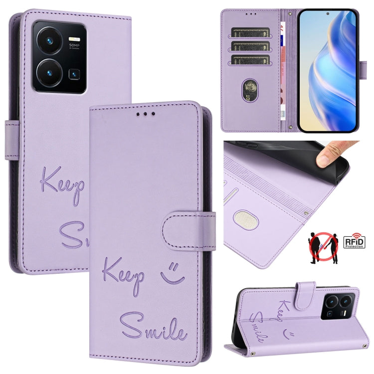 Smile Embossing RFID Leather Phone Case, For vivo V27E 4G Global, For vivo T2 4G Global, For vivo Y72 5G / iQOO Z3 / Y52 5G, For vivo Y22S 4G Global, For vivo Y77 5G Global / Y77E 5G, For vivo Y55S 2023 5G, For vivo Y55 5G Global, For vivo Y75 5G Global