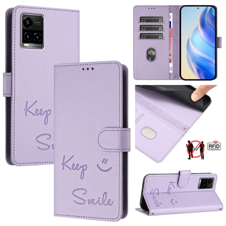 Smile Embossing RFID Leather Phone Case, For vivo iQOO U5E 5G / Y30 5G, For vivo Y33E 5G, For vivo Y33S 4G Global, For vivo Y21 2021 / Y21S / Y21T, For vivo Y76 5G, For vivo Y51 2020 India, For vivo Y31 4G 2021 India, For vivo Y53S 4G / Y51A 2021