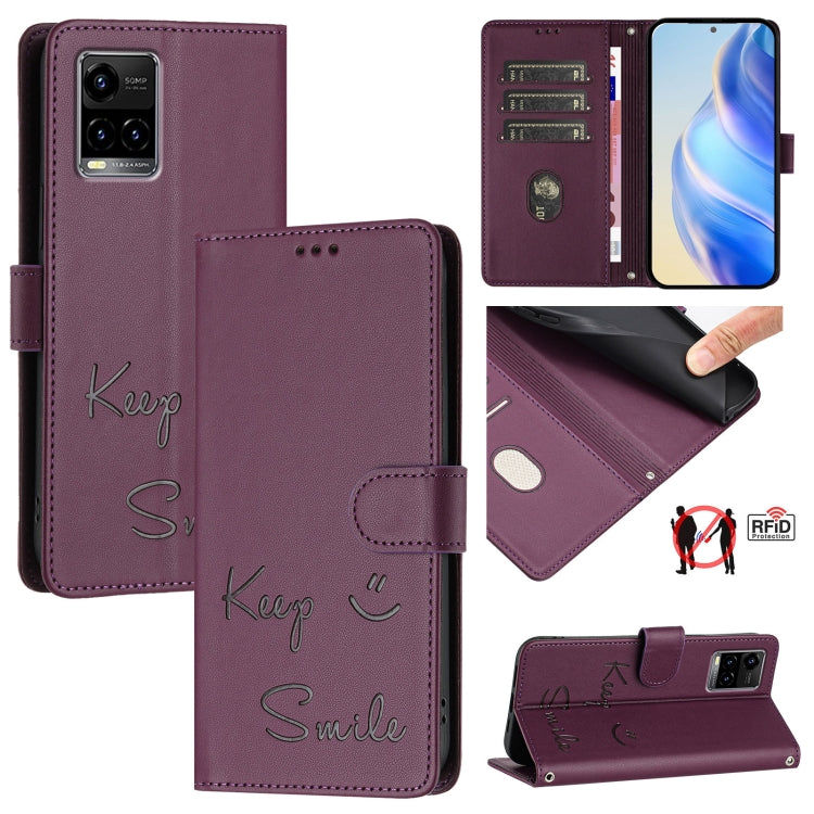 Smile Embossing RFID Leather Phone Case, For vivo iQOO U5E 5G / Y30 5G, For vivo Y33E 5G, For vivo Y33S 4G Global, For vivo Y21 2021 / Y21S / Y21T, For vivo Y76 5G, For vivo Y51 2020 India, For vivo Y31 4G 2021 India, For vivo Y53S 4G / Y51A 2021