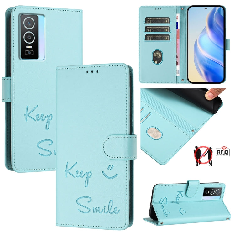 Smile Embossing RFID Leather Phone Case, For vivo iQOO U5E 5G / Y30 5G, For vivo Y33E 5G, For vivo Y33S 4G Global, For vivo Y21 2021 / Y21S / Y21T, For vivo Y76 5G, For vivo Y51 2020 India, For vivo Y31 4G 2021 India, For vivo Y53S 4G / Y51A 2021