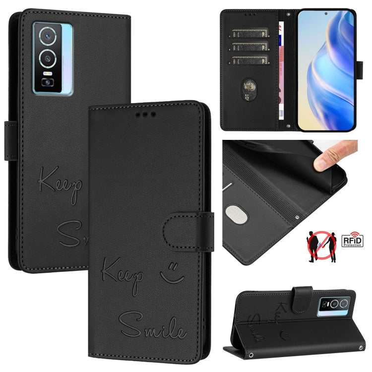 Smile Embossing RFID Leather Phone Case, For vivo iQOO U5E 5G / Y30 5G, For vivo Y33E 5G, For vivo Y33S 4G Global, For vivo Y21 2021 / Y21S / Y21T, For vivo Y76 5G, For vivo Y51 2020 India, For vivo Y31 4G 2021 India, For vivo Y53S 4G / Y51A 2021