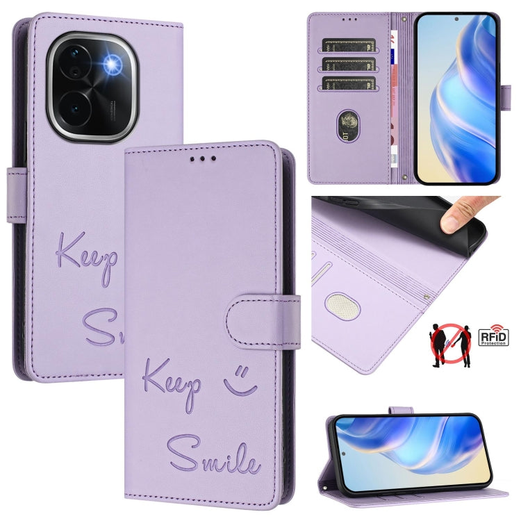 Smile Embossing RFID Leather Phone Case, For vivo S20 5G, For vivo S20 Pro 5G, For vivo V40 Lite 5G IDN, For vivo V40e 5G India, For vivo Y300 Pro, For vivo iQOO Z9s Pro 5G India, For vivo S19 Pro, For vivo S19
