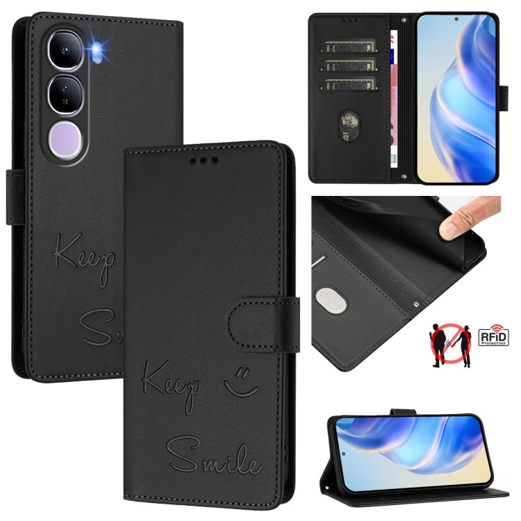 Smile Embossing RFID Leather Phone Case, For vivo S20 5G, For vivo S20 Pro 5G, For vivo V40 Lite 5G IDN, For vivo V40e 5G India, For vivo Y300 Pro, For vivo iQOO Z9s Pro 5G India, For vivo S19 Pro, For vivo S19