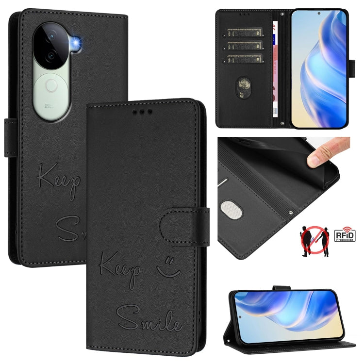 Smile Embossing RFID Leather Phone Case, For vivo S20 5G, For vivo S20 Pro 5G, For vivo V40 Lite 5G IDN, For vivo V40e 5G India, For vivo Y300 Pro, For vivo iQOO Z9s Pro 5G India, For vivo S19 Pro, For vivo S19