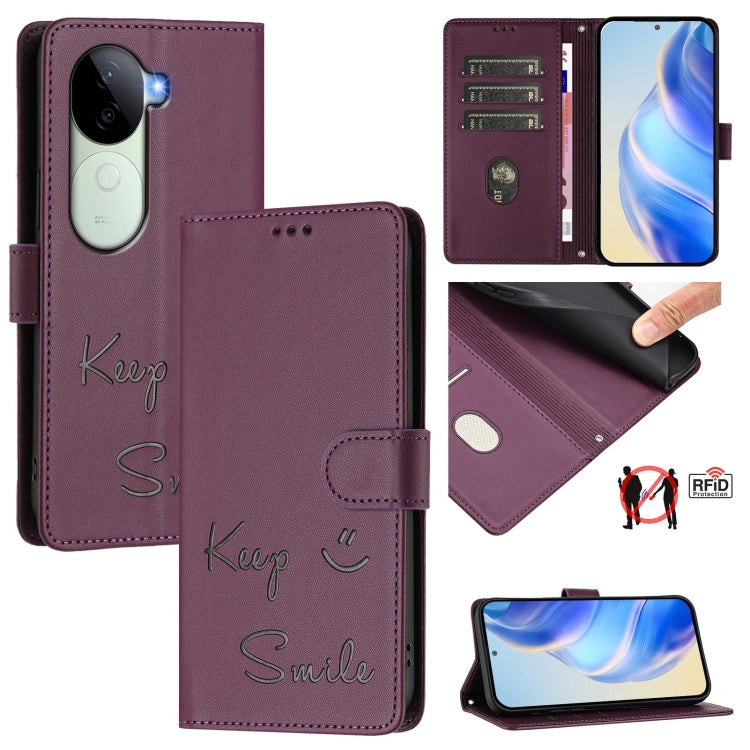 Smile Embossing RFID Leather Phone Case, For vivo S20 5G, For vivo S20 Pro 5G, For vivo V40 Lite 5G IDN, For vivo V40e 5G India, For vivo Y300 Pro, For vivo iQOO Z9s Pro 5G India, For vivo S19 Pro, For vivo S19