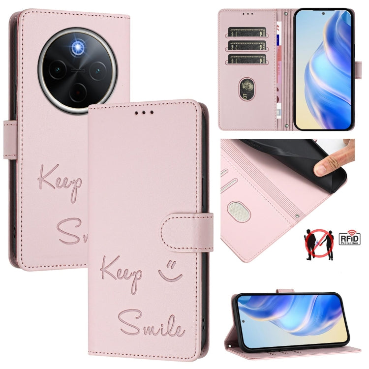 Smile Embossing RFID Leather Phone Case, For vivo S20 5G, For vivo S20 Pro 5G, For vivo V40 Lite 5G IDN, For vivo V40e 5G India, For vivo Y300 Pro, For vivo iQOO Z9s Pro 5G India, For vivo S19 Pro, For vivo S19