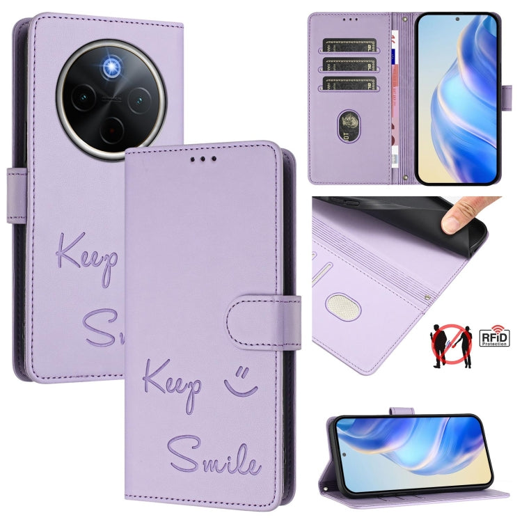 Smile Embossing RFID Leather Phone Case, For vivo S20 5G, For vivo S20 Pro 5G, For vivo V40 Lite 5G IDN, For vivo V40e 5G India, For vivo Y300 Pro, For vivo iQOO Z9s Pro 5G India, For vivo S19 Pro, For vivo S19