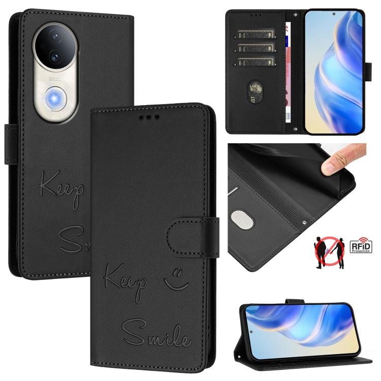 Smile Embossing RFID Leather Phone Case, For vivo S20 5G, For vivo S20 Pro 5G, For vivo V40 Lite 5G IDN, For vivo V40e 5G India, For vivo Y300 Pro, For vivo iQOO Z9s Pro 5G India, For vivo S19 Pro, For vivo S19