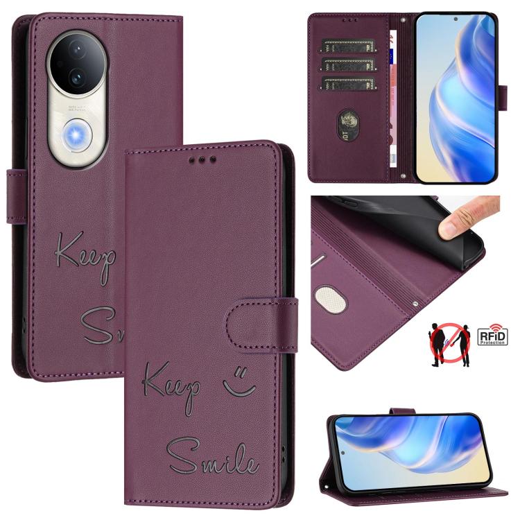 Smile Embossing RFID Leather Phone Case, For vivo S20 5G, For vivo S20 Pro 5G, For vivo V40 Lite 5G IDN, For vivo V40e 5G India, For vivo Y300 Pro, For vivo iQOO Z9s Pro 5G India, For vivo S19 Pro, For vivo S19