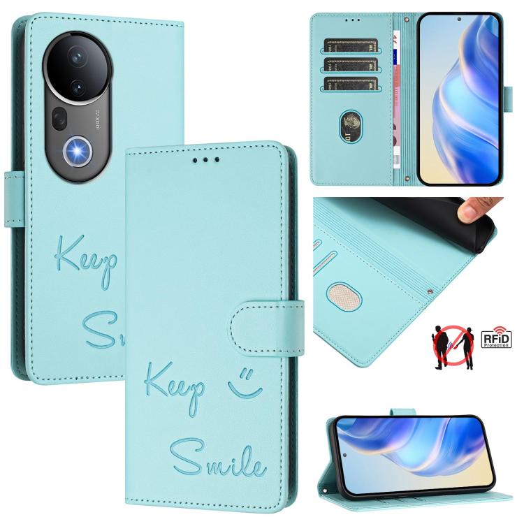 Smile Embossing RFID Leather Phone Case, For vivo S20 5G, For vivo S20 Pro 5G, For vivo V40 Lite 5G IDN, For vivo V40e 5G India, For vivo Y300 Pro, For vivo iQOO Z9s Pro 5G India, For vivo S19 Pro, For vivo S19