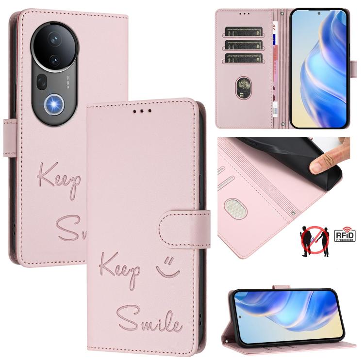 Smile Embossing RFID Leather Phone Case, For vivo S20 5G, For vivo S20 Pro 5G, For vivo V40 Lite 5G IDN, For vivo V40e 5G India, For vivo Y300 Pro, For vivo iQOO Z9s Pro 5G India, For vivo S19 Pro, For vivo S19
