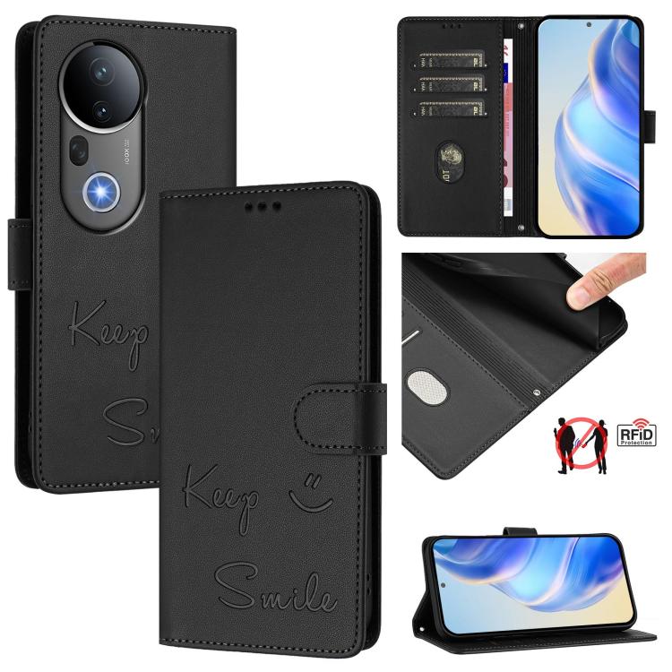 Smile Embossing RFID Leather Phone Case, For vivo S20 5G, For vivo S20 Pro 5G, For vivo V40 Lite 5G IDN, For vivo V40e 5G India, For vivo Y300 Pro, For vivo iQOO Z9s Pro 5G India, For vivo S19 Pro, For vivo S19