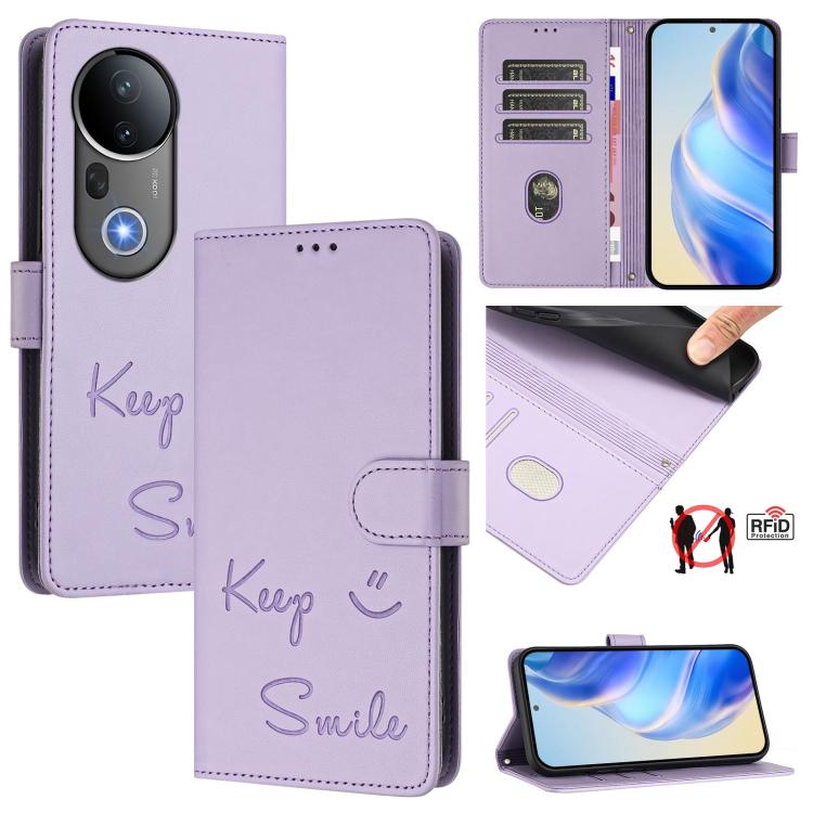Smile Embossing RFID Leather Phone Case, For vivo S20 5G, For vivo S20 Pro 5G, For vivo V40 Lite 5G IDN, For vivo V40e 5G India, For vivo Y300 Pro, For vivo iQOO Z9s Pro 5G India, For vivo S19 Pro, For vivo S19