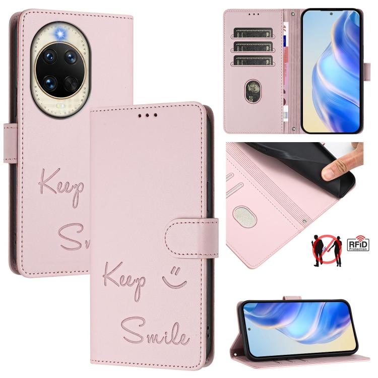 Smile Embossing RFID Leather Phone Case, For Huawei nova 16z, For Huawei nova 16, For Huawei Pura 90 Pro Max, For Huawei Pura 90 Pro, For Huawei Mate 70 Air, For Huawei Enjoy 80s, For Huawei nova 14 Ultra 5G, For Huawei nova 14 Pro 5G