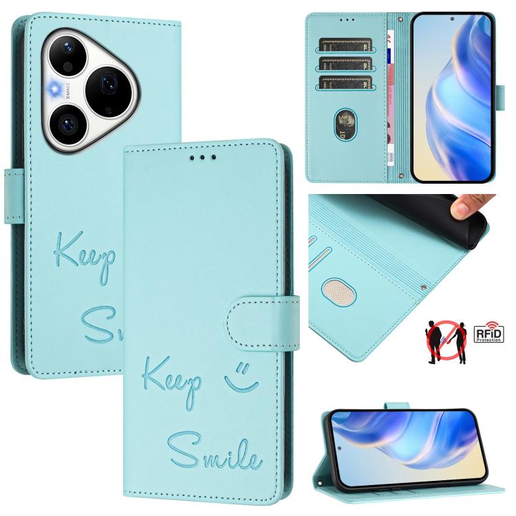Smile Embossing RFID Leather Phone Case, For Huawei nova 16z, For Huawei nova 16, For Huawei Pura 90 Pro Max, For Huawei Pura 90 Pro, For Huawei Mate 70 Air, For Huawei Enjoy 80s, For Huawei nova 14 Ultra 5G, For Huawei nova 14 Pro 5G