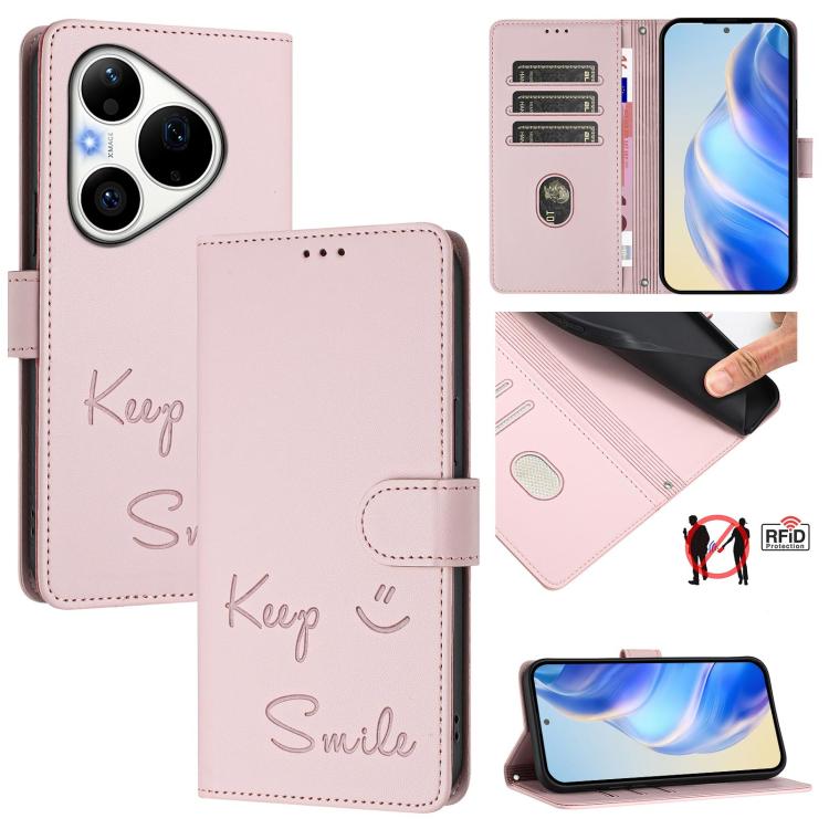 Smile Embossing RFID Leather Phone Case, For Huawei nova 16z, For Huawei nova 16, For Huawei Pura 90 Pro Max, For Huawei Pura 90 Pro, For Huawei Mate 70 Air, For Huawei Enjoy 80s, For Huawei nova 14 Ultra 5G, For Huawei nova 14 Pro 5G