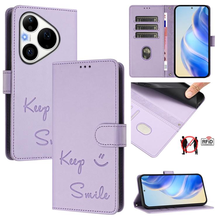 Smile Embossing RFID Leather Phone Case, For Huawei nova 16z, For Huawei nova 16, For Huawei Pura 90 Pro Max, For Huawei Pura 90 Pro, For Huawei Mate 70 Air, For Huawei Enjoy 80s, For Huawei nova 14 Ultra 5G, For Huawei nova 14 Pro 5G
