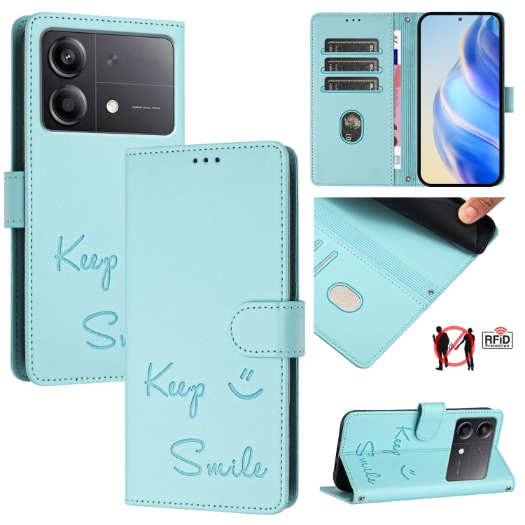 Smile Embossing RFID Leather Phone Case, For Xiaomi Poco X7 Pro 5G / Redmi Turbo 4 5G, For Xiaomi Poco M7 Pro 5G, For Xiaomi 14T Pro, For Xiaomi 14T, For Xiaomi Poco F6 5G, For Xiaomi Poco C61, For Xiaomi Poco M6 Pro 4G, For Xiaomi Poco X6 Neo