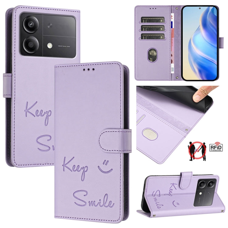 Smile Embossing RFID Leather Phone Case, For Xiaomi Poco X7 Pro 5G / Redmi Turbo 4 5G, For Xiaomi Poco M7 Pro 5G, For Xiaomi 14T Pro, For Xiaomi 14T, For Xiaomi Poco F6 5G, For Xiaomi Poco C61, For Xiaomi Poco M6 Pro 4G, For Xiaomi Poco X6 Neo