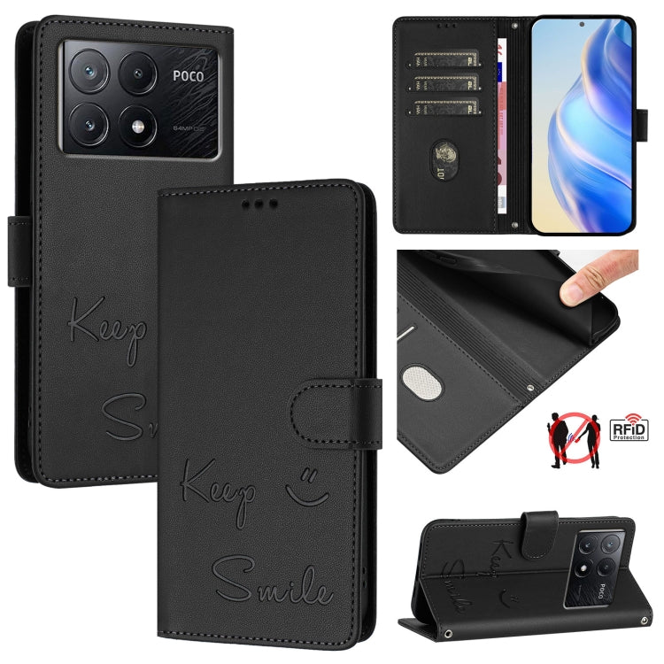 Smile Embossing RFID Leather Phone Case, For Xiaomi Poco X6 Pro / Redmi K70E, For Xiaomi Poco X6, For Xiaomi 14 Ultra, For Xiaomi 14 Pro, For Xiaomi 14, For Xiaomi Poco M6 Pro 5G, For Xiaomi 13T / 13T Pro, For Xiaomi Poco X4 GT