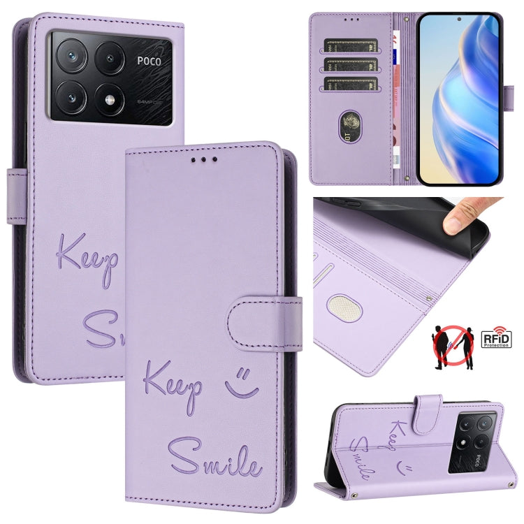 Smile Embossing RFID Leather Phone Case, For Xiaomi Poco X6 Pro / Redmi K70E, For Xiaomi Poco X6, For Xiaomi 14 Ultra, For Xiaomi 14 Pro, For Xiaomi 14, For Xiaomi Poco M6 Pro 5G, For Xiaomi 13T / 13T Pro, For Xiaomi Poco X4 GT