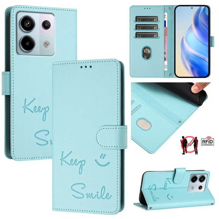 Smile Embossing RFID Leather Phone Case, For Xiaomi Poco X6 Pro / Redmi K70E, For Xiaomi Poco X6, For Xiaomi 14 Ultra, For Xiaomi 14 Pro, For Xiaomi 14, For Xiaomi Poco M6 Pro 5G, For Xiaomi 13T / 13T Pro, For Xiaomi Poco X4 GT