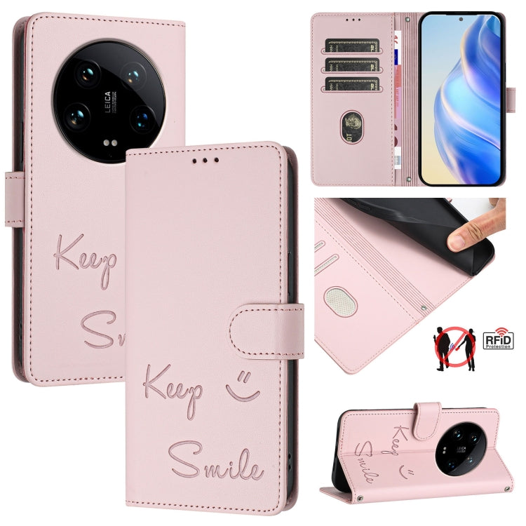 Smile Embossing RFID Leather Phone Case, For Xiaomi Poco X6 Pro / Redmi K70E, For Xiaomi Poco X6, For Xiaomi 14 Ultra, For Xiaomi 14 Pro, For Xiaomi 14, For Xiaomi Poco M6 Pro 5G, For Xiaomi 13T / 13T Pro, For Xiaomi Poco X4 GT