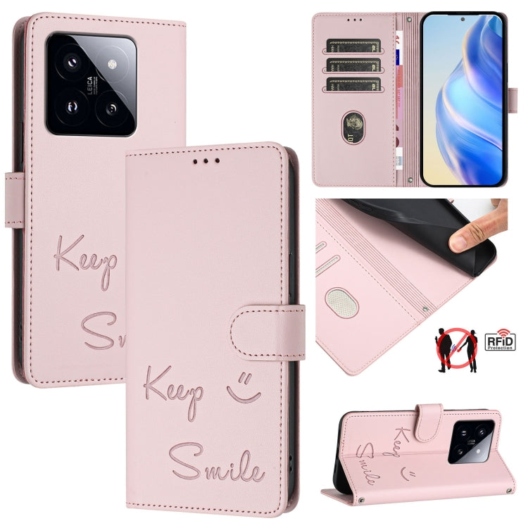 Smile Embossing RFID Leather Phone Case, For Xiaomi Poco X6 Pro / Redmi K70E, For Xiaomi Poco X6, For Xiaomi 14 Ultra, For Xiaomi 14 Pro, For Xiaomi 14, For Xiaomi Poco M6 Pro 5G, For Xiaomi 13T / 13T Pro, For Xiaomi Poco X4 GT