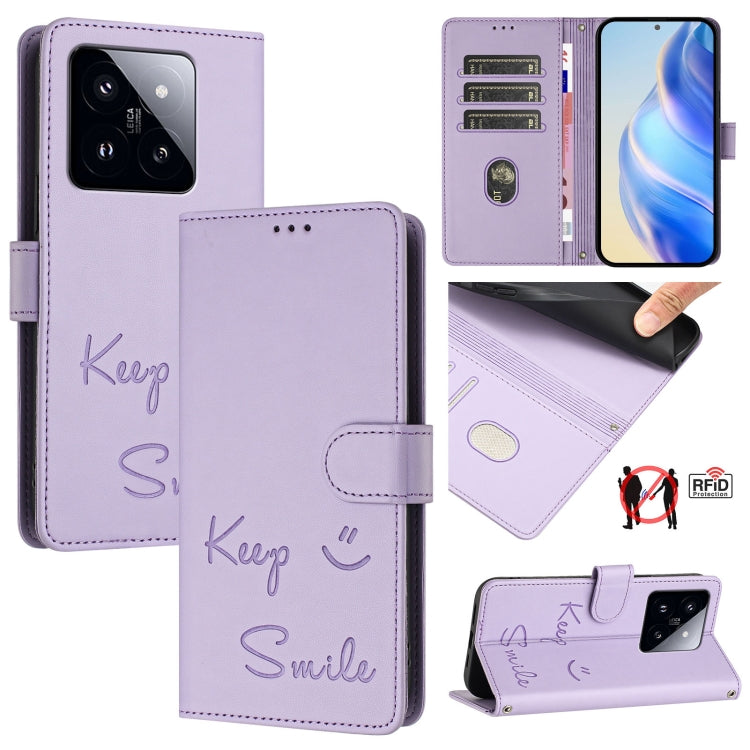 Smile Embossing RFID Leather Phone Case, For Xiaomi Poco X6 Pro / Redmi K70E, For Xiaomi Poco X6, For Xiaomi 14 Ultra, For Xiaomi 14 Pro, For Xiaomi 14, For Xiaomi Poco M6 Pro 5G, For Xiaomi 13T / 13T Pro, For Xiaomi Poco X4 GT
