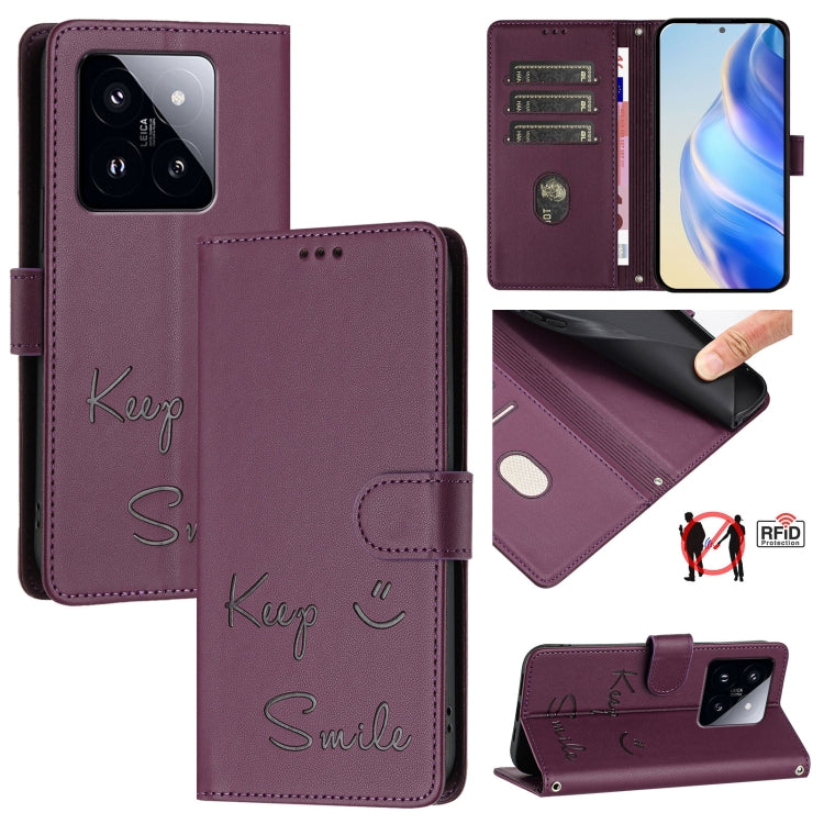 Smile Embossing RFID Leather Phone Case, For Xiaomi Poco X6 Pro / Redmi K70E, For Xiaomi Poco X6, For Xiaomi 14 Ultra, For Xiaomi 14 Pro, For Xiaomi 14, For Xiaomi Poco M6 Pro 5G, For Xiaomi 13T / 13T Pro, For Xiaomi Poco X4 GT