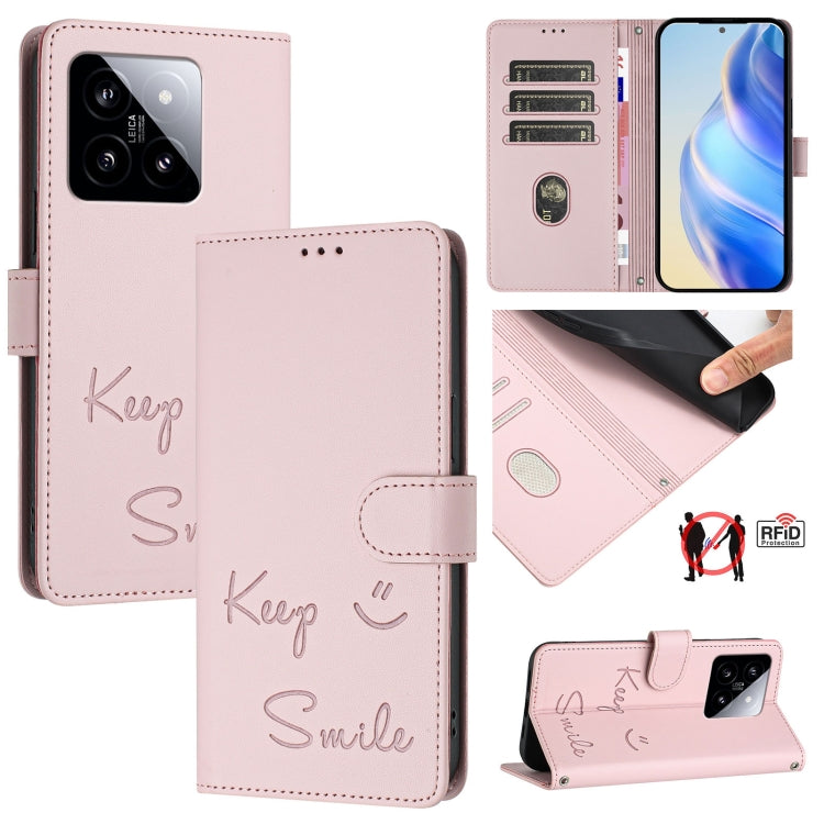 Smile Embossing RFID Leather Phone Case, For Xiaomi Poco X6 Pro / Redmi K70E, For Xiaomi Poco X6, For Xiaomi 14 Ultra, For Xiaomi 14 Pro, For Xiaomi 14, For Xiaomi Poco M6 Pro 5G, For Xiaomi 13T / 13T Pro, For Xiaomi Poco X4 GT