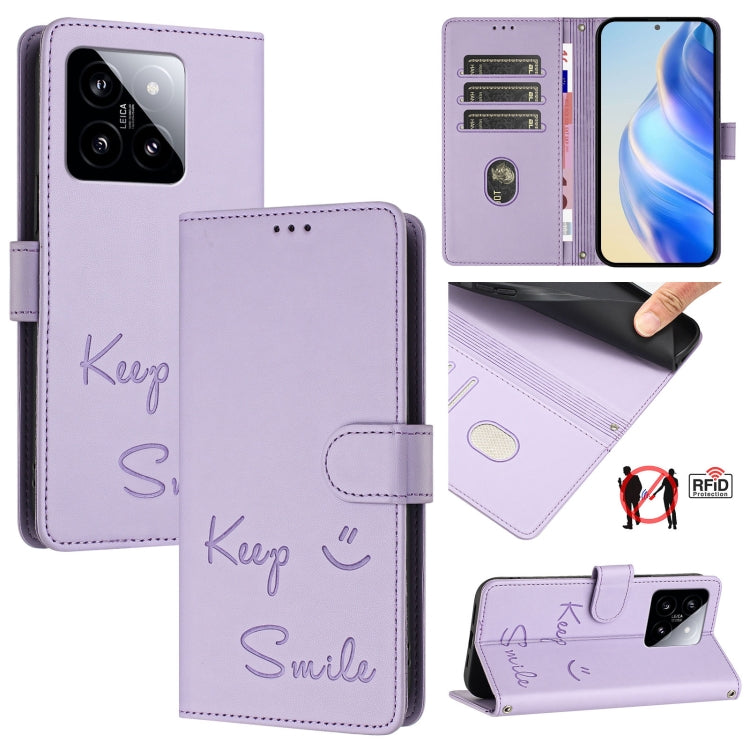Smile Embossing RFID Leather Phone Case, For Xiaomi Poco X6 Pro / Redmi K70E, For Xiaomi Poco X6, For Xiaomi 14 Ultra, For Xiaomi 14 Pro, For Xiaomi 14, For Xiaomi Poco M6 Pro 5G, For Xiaomi 13T / 13T Pro, For Xiaomi Poco X4 GT