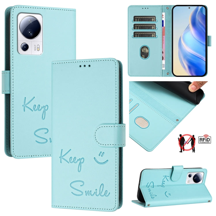 Smile Embossing RFID Leather Phone Case, For Xiaomi Poco F5, For Xiaomi Poco F5 Pro, For Xiaomi Poco C51 / C50, For Xiaomi 13 Ultra, For Xiaomi Civi 3, For Xiaomi 13 Lite / Civi 2, For Xiaomi 13 Pro, For Xiaomi 13