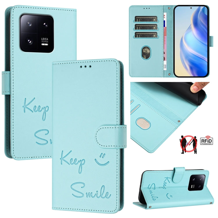 Smile Embossing RFID Leather Phone Case, For Xiaomi Poco F5, For Xiaomi Poco F5 Pro, For Xiaomi Poco C51 / C50, For Xiaomi 13 Ultra, For Xiaomi Civi 3, For Xiaomi 13 Lite / Civi 2, For Xiaomi 13 Pro, For Xiaomi 13