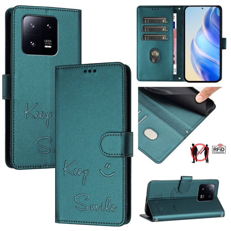 Smile Embossing RFID Leather Phone Case, For Xiaomi Poco F5, For Xiaomi Poco F5 Pro, For Xiaomi Poco C51 / C50, For Xiaomi 13 Ultra, For Xiaomi Civi 3, For Xiaomi 13 Lite / Civi 2, For Xiaomi 13 Pro, For Xiaomi 13