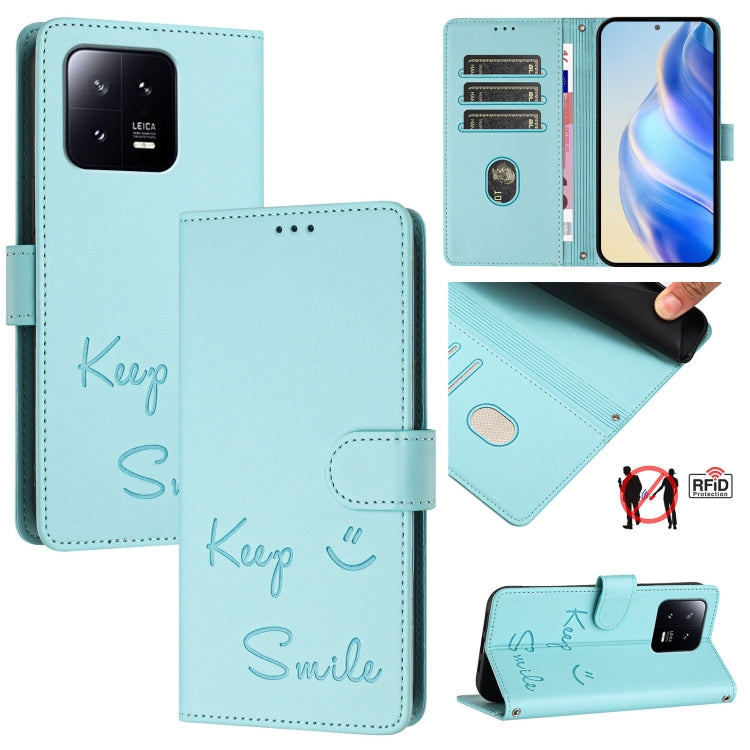 Smile Embossing RFID Leather Phone Case, For Xiaomi Poco F5, For Xiaomi Poco F5 Pro, For Xiaomi Poco C51 / C50, For Xiaomi 13 Ultra, For Xiaomi Civi 3, For Xiaomi 13 Lite / Civi 2, For Xiaomi 13 Pro, For Xiaomi 13