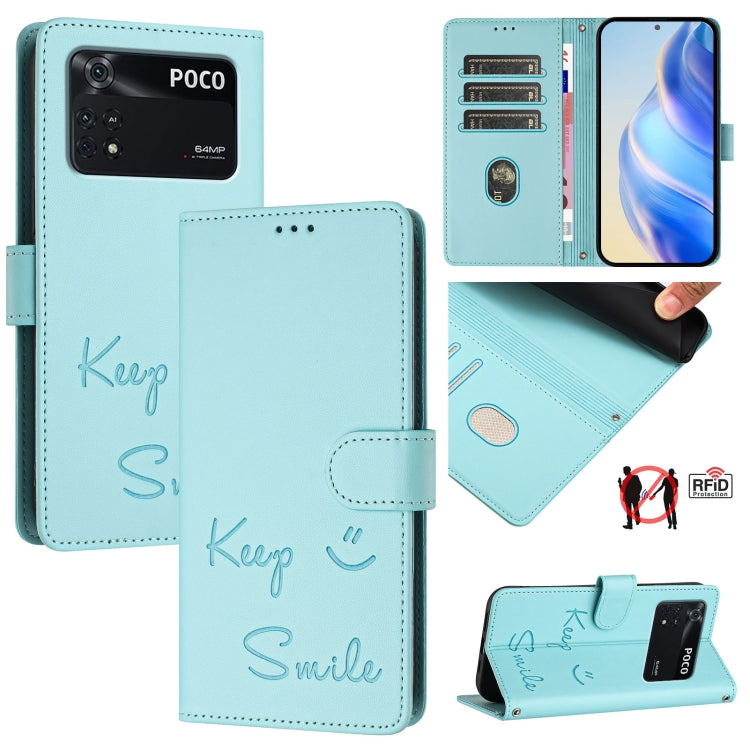 Smile Embossing RFID Leather Phone Case, For Xiaomi Poco C40, For Xiaomi Civi 1S, For Xiaomi Poco M4 Pro 5G, For Xiaomi Poco M4 Pro 4G, For Xiaomi Poco X4 Pro 5G, For Xiaomi 11 Lite 5G NE, For Xiaomi Mi 11 Lite 4G / 5G, For Xiaomi 11T / 11T Pro