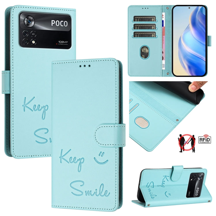 Smile Embossing RFID Leather Phone Case, For Xiaomi Poco C40, For Xiaomi Civi 1S, For Xiaomi Poco M4 Pro 5G, For Xiaomi Poco M4 Pro 4G, For Xiaomi Poco X4 Pro 5G, For Xiaomi 11 Lite 5G NE, For Xiaomi Mi 11 Lite 4G / 5G, For Xiaomi 11T / 11T Pro