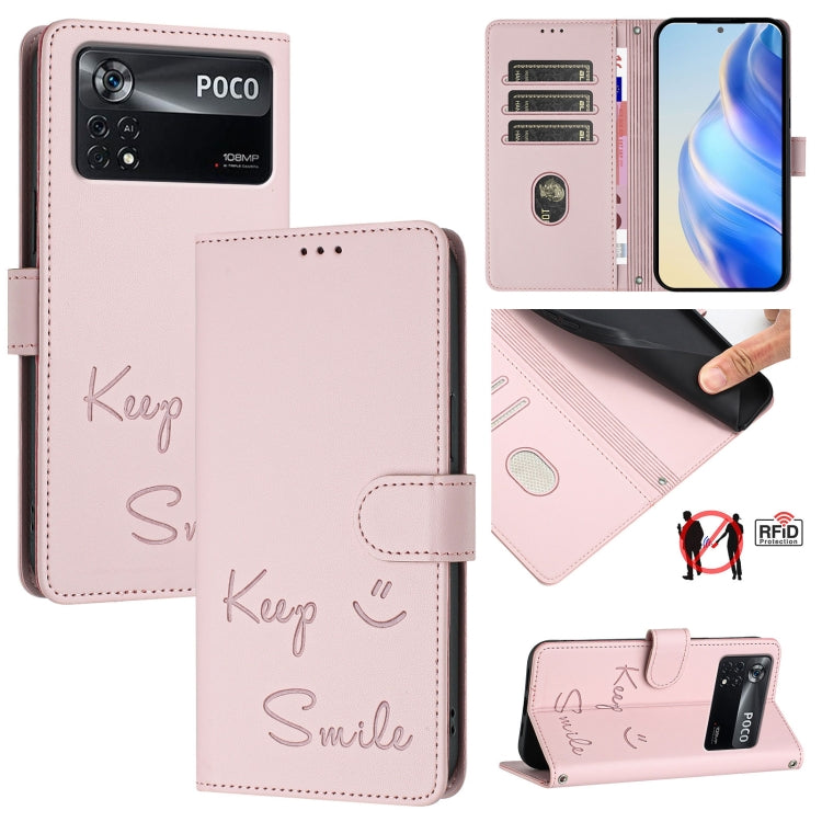 Smile Embossing RFID Leather Phone Case, For Xiaomi Poco C40, For Xiaomi Civi 1S, For Xiaomi Poco M4 Pro 5G, For Xiaomi Poco M4 Pro 4G, For Xiaomi Poco X4 Pro 5G, For Xiaomi 11 Lite 5G NE, For Xiaomi Mi 11 Lite 4G / 5G, For Xiaomi 11T / 11T Pro